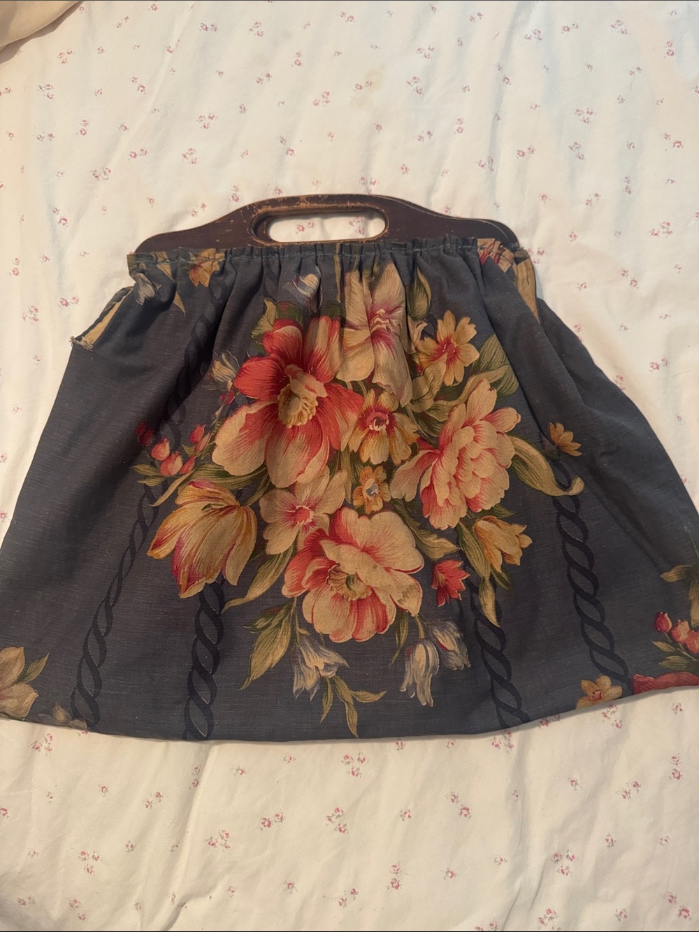 Antique Floral Wooden Handle Tote Bag - Navy Background with Pink/Coral Blooms